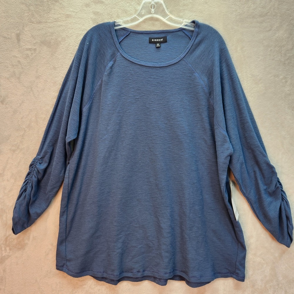 Kinesis‎ Womens Plus 3X Blue Textured Ruched Long Sleeve Top Shirt Workout Gym